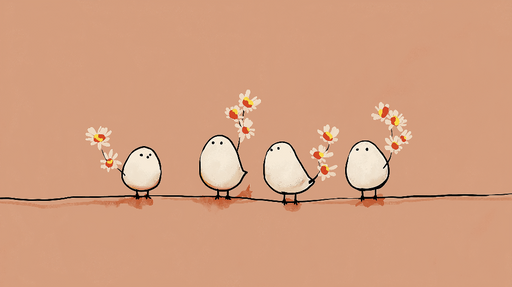 Papier peint oiseaux Oiseaux mignons tenant des fleurs sur un fond pastel