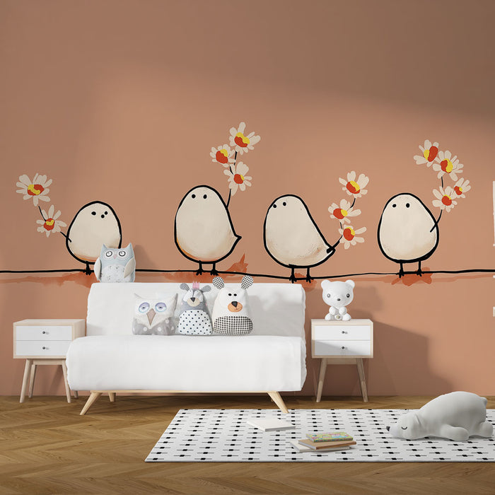 Une chambre enfantine avec un papier peint illustrant des oiseaux mignons tenant des fleurs sur un fond rose doux, créant une ambiance joyeuse et ludique.