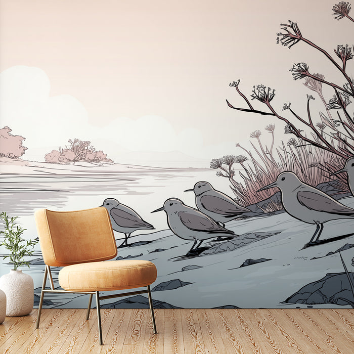 Une pièce moderne avec un papier peint illustrant des oiseaux stylisés au bord de l'eau, dans des teintes douces et apaisantes, créant une ambiance sereine et naturelle.