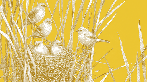 Papier peint oiseaux Scène délicate d'oiseaux nichés sur un fond jaune lumineux