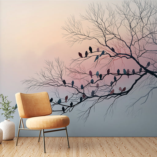 Une chambre moderne avec un papier peint représentant un arbre stylisé aux branches nues et des oiseaux colorés sur un fond dégradé pastel apaisant.