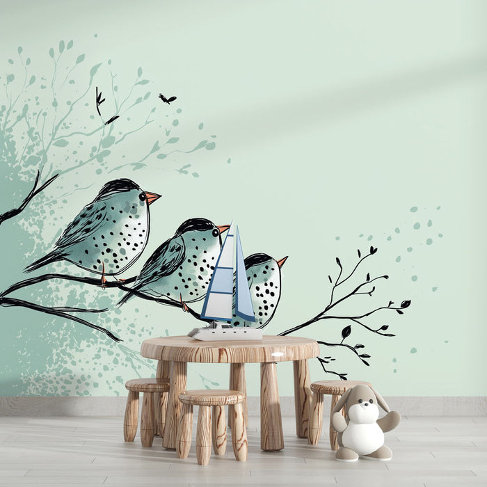 Une chambre d'enfant avec un papier peint illustrant des oiseaux stylisés aux teintes douces sur un fond vert pastel, créant une atmosphère joyeuse et apaisante.