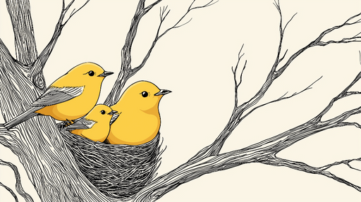 Papier peint oiseaux Troisième nid d'oiseaux jaunes sur une branche délicate