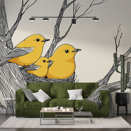 Une pièce moderne avec un papier peint illustrant des oiseaux jaunes stylisés perchés sur des branches, créant une atmosphère joyeuse et accueillante.