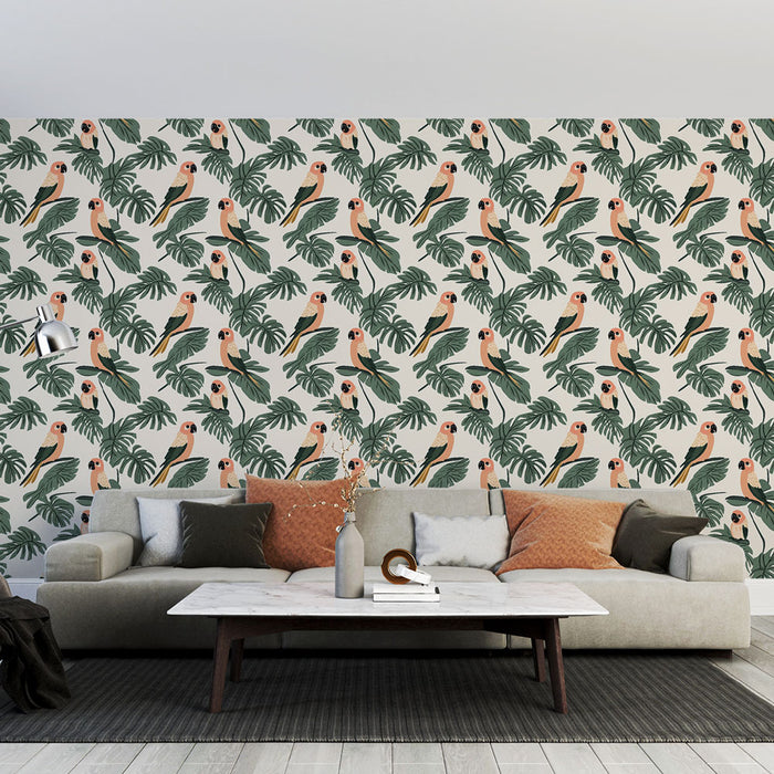 Un salon moderne avec un papier peint tropical représentant des perroquets colorés sur un fond clair, créant une ambiance vivante et accueillante.