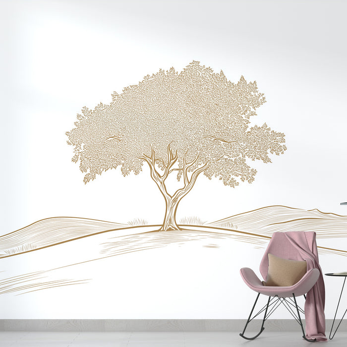 Papier peint olivier | Arbre élégant sur fond blanc minimaliste