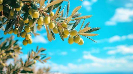 Papier peint olivier Branche d'olivier avec olives vertes sous un ciel bleu