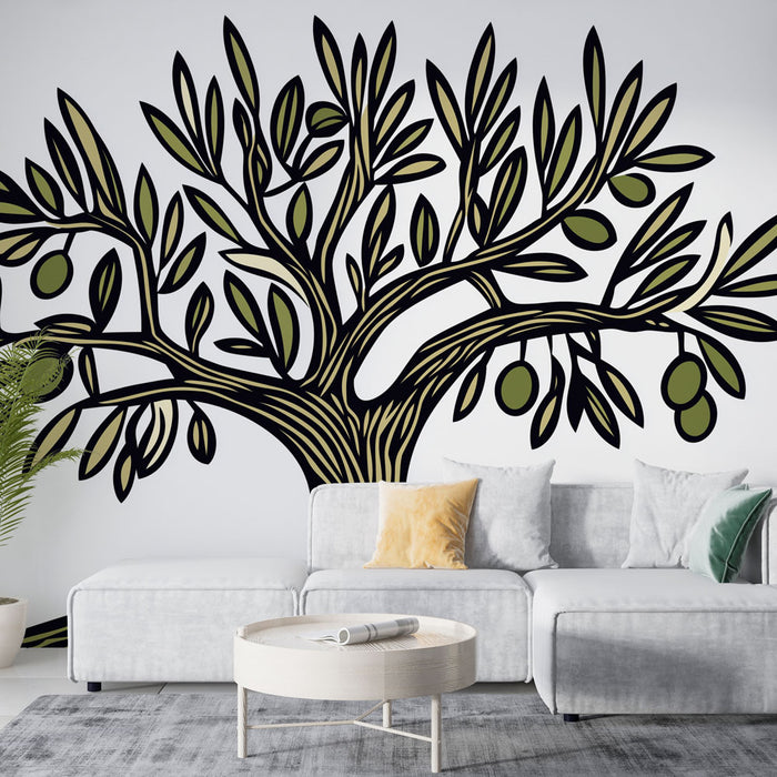 Papier peint olivier | Design élégant d'un arbre d'olive stylisé