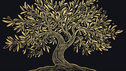 Papier peint olivier Élégante illustration d'un arbre en or sur fond noir