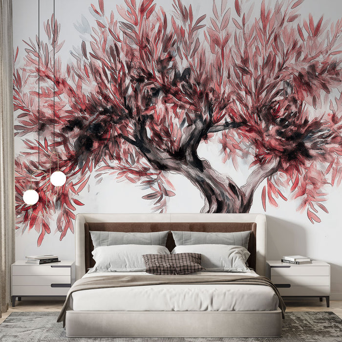 Une chambre moderne avec un papier peint artistique représentant un arbre aux feuilles rougeâtres, créant une ambiance chaleureuse et inspirante.