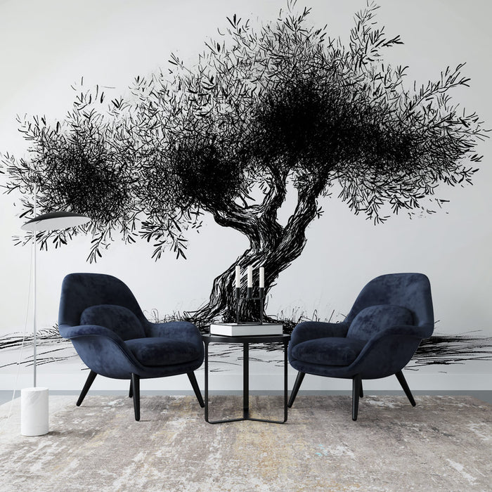 Papier peint olivier | Illustration d'un arbre centenaire en noir et blanc