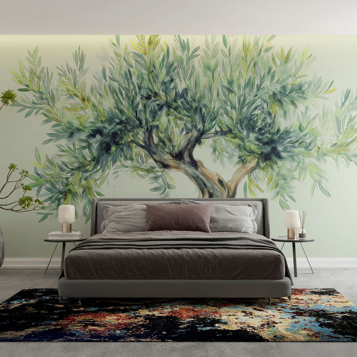 Une chambre moderne avec un papier peint représentant un olivier aquarellé aux teintes vertes et brunes, créant une atmosphère apaisante et naturelle.