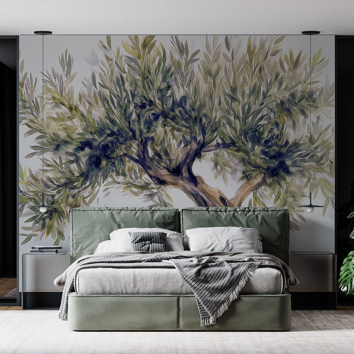 Une chambre moderne avec un papier peint illustrant un olivier aux couleurs douces, créant une atmosphère apaisante et naturelle.
