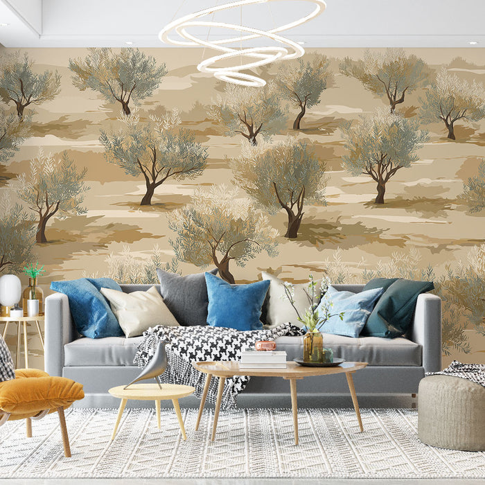 Un salon moderne avec un papier peint représentant des oliviers sur un fond beige et terre, créant une atmosphère chaleureuse et apaisante.