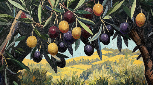 Papier peint olivier Motif vivant d'oliviers avec olives colorées