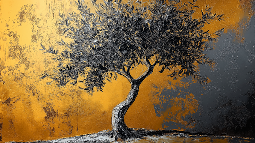 Papier peint olivier Silhouette d'un arbre d'olive sur fond doré et noir