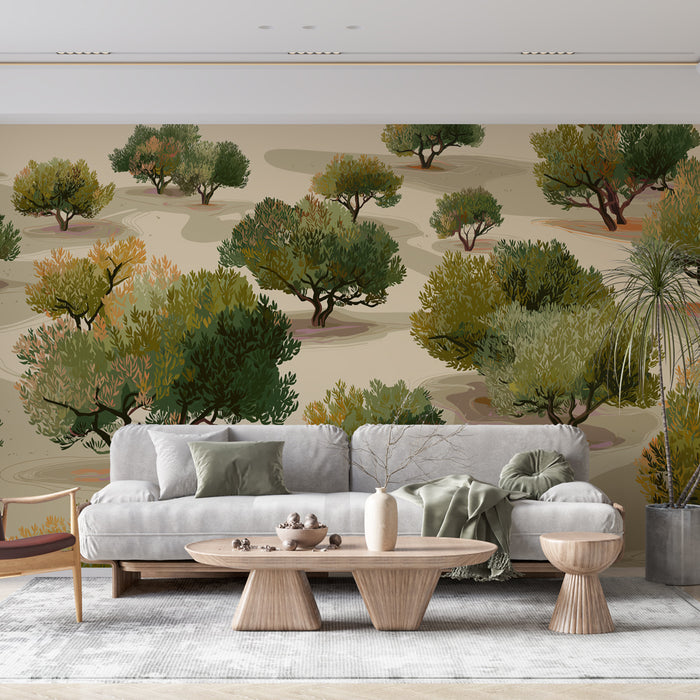 Un salon moderne avec un papier peint représentant un paysage de verdure stylisé, mêlant des teintes de vert et d'ocre, créant une atmosphère naturelle et apaisante.