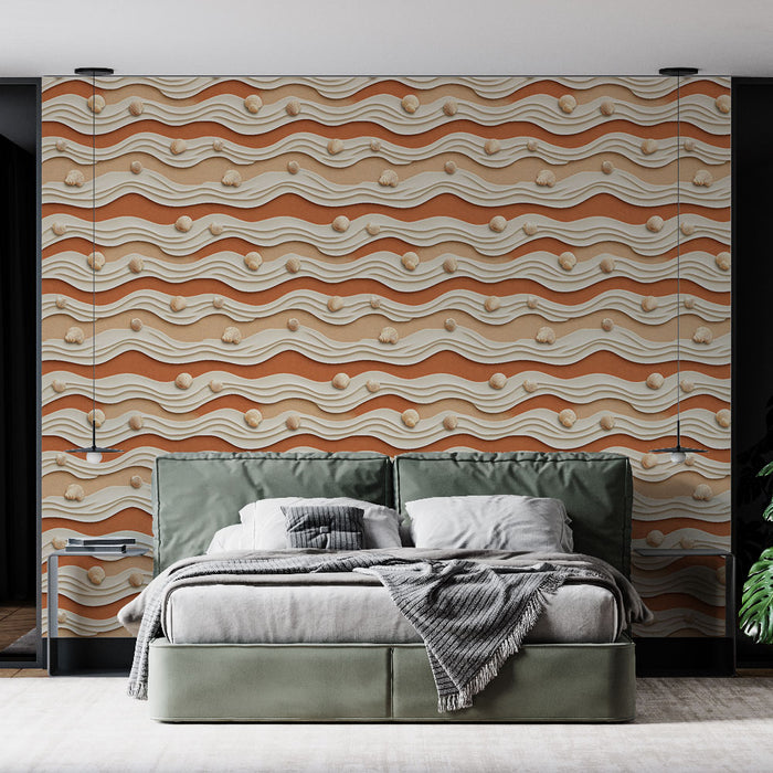 Une chambre moderne avec un papier peint aux motifs ondulés dans des teintes terracotta et crème, créant une ambiance chaleureuse et dynamique.