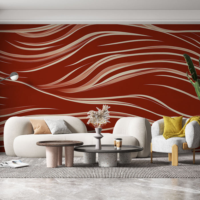 Papier peint ondes fluide rouge et crème pour salon moderne et élégant