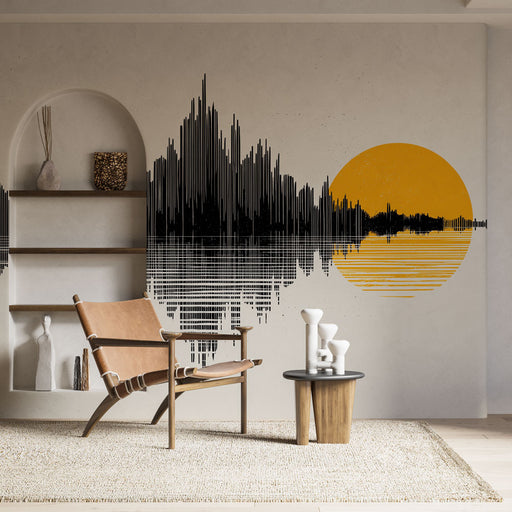 Une pièce moderne avec un papier peint graphique représentant des ondes sonores en noir et un soleil jaune, créant une ambiance artistique et dynamique.