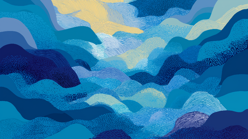 Papier peint ondulations bleues Motif abstrait de vagues aux nuances de bleu et touches dorées