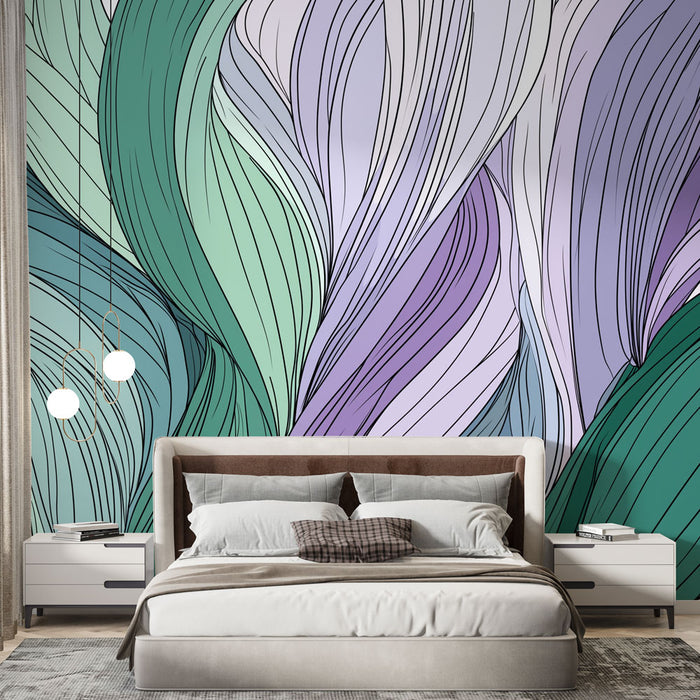 Une chambre moderne avec un papier peint abstrait aux ondulations vertes et lilas, créant une ambiance apaisante et artistique.