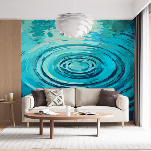 Un salon contemporain avec un papier peint abstrait représentant des ondulations aquatiques dans des teintes de bleu, créant une atmosphère apaisante et moderne.