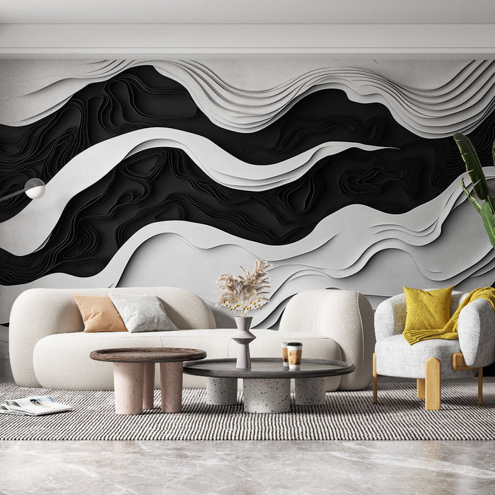 Papier peint ondulations | Design abstrait en noir et blanc avec des motifs sinueux