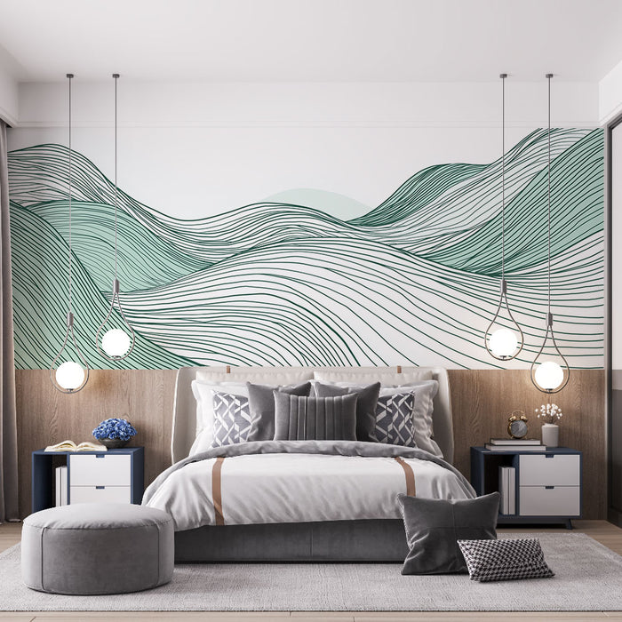 Une chambre moderne avec un papier peint abstrait représentant des lignes ondulées vertes sur fond blanc, créant une atmosphère apaisante et contemporaine.