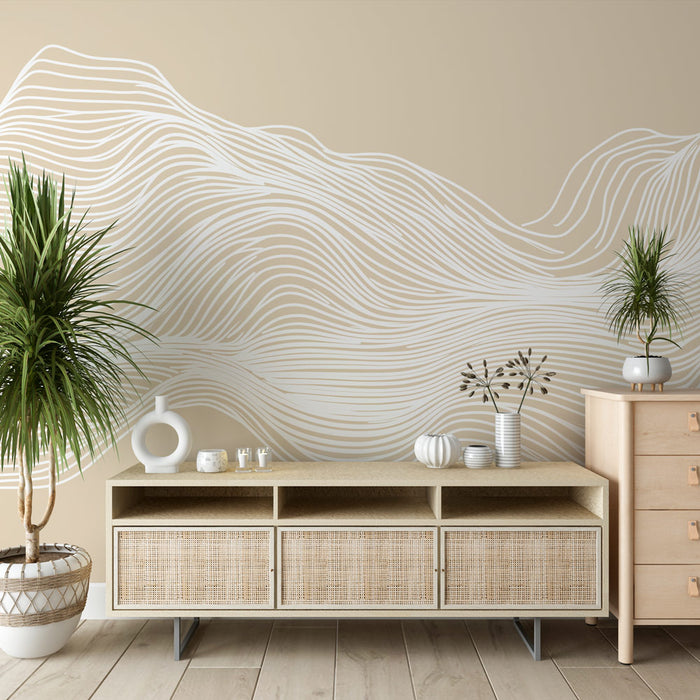 Papier peint ondulations | Design minimaliste en lignes blanches sur fond beige