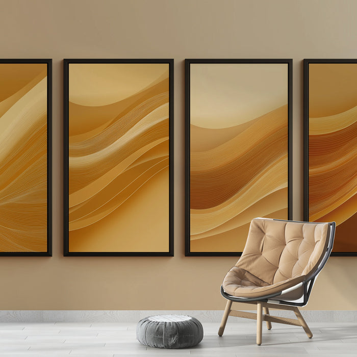Un salon moderne avec un papier peint aux ondulations dorées et beiges créant une ambiance chaleureuse et apaisante.