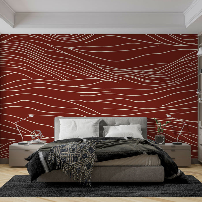 Papier peint ondulations avec motif ondulé sur fond rouge profond pour chambre moderne