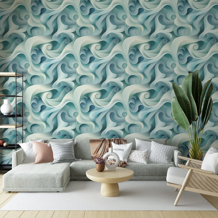 Un salon contemporain avec un papier peint en relief aux motifs fluides dans des teintes de bleu et de vert, créant une atmosphère apaisante et dynamique.