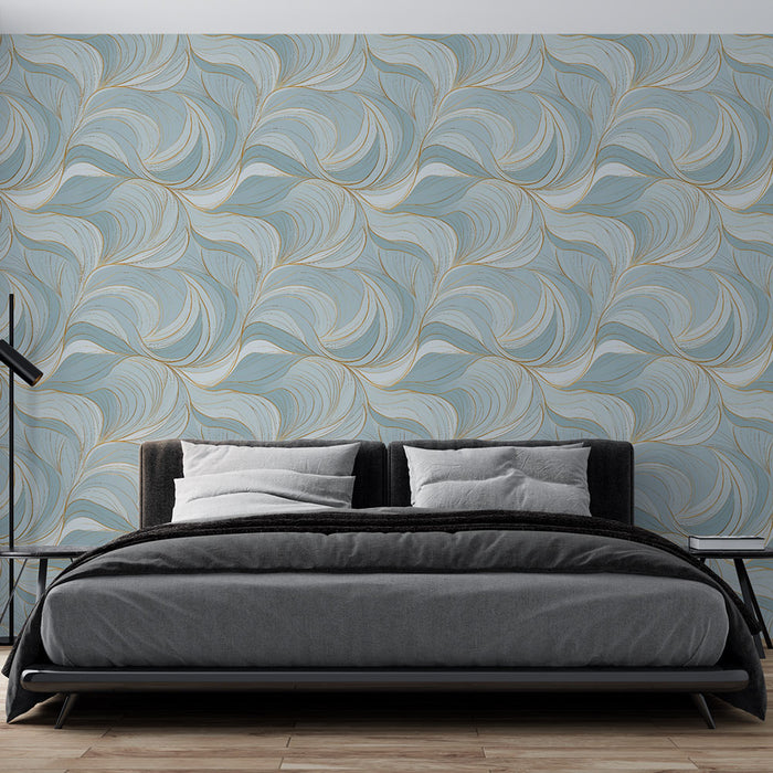 Une chambre moderne avec un papier peint aux motifs fluides dans des teintes de bleu et or, créant une ambiance élégante et apaisante.