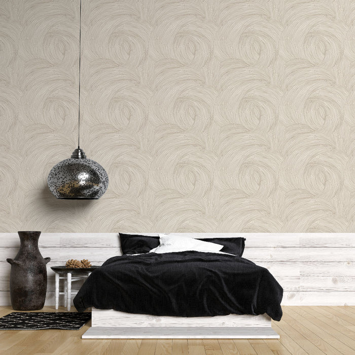 Une chambre moderne avec un papier peint texturé beige aux motifs ondulés, créant une atmosphère douce et apaisante.