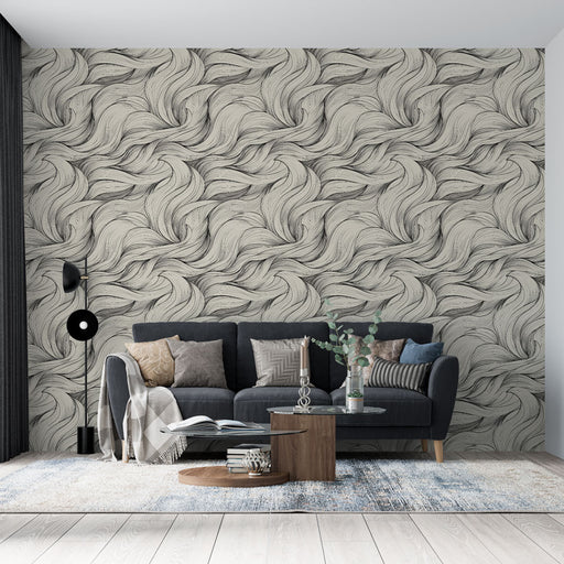 Un salon moderne avec un papier peint texturé aux motifs ondulés en noir et beige, créant une ambiance élégante et dynamique.