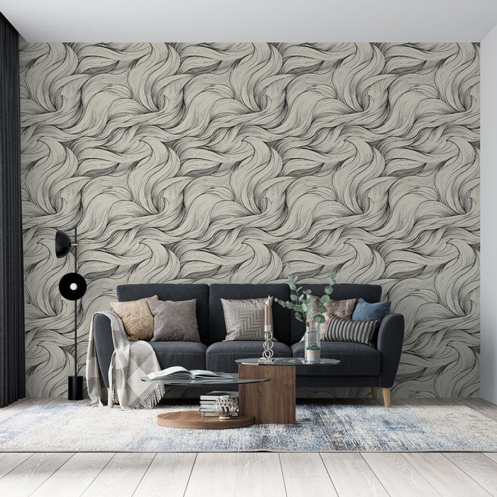 Un salon moderne avec un papier peint texturé aux motifs ondulés en noir et beige, créant une ambiance élégante et dynamique.