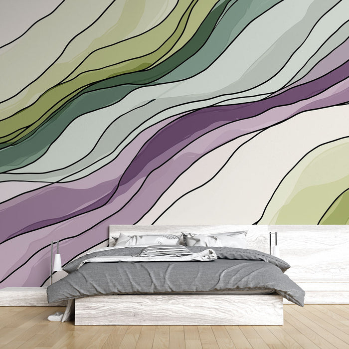 Une chambre moderne avec un papier peint abstrait aux ondulations vertes, lilas et blanches, créant une atmosphère apaisante et artistique.