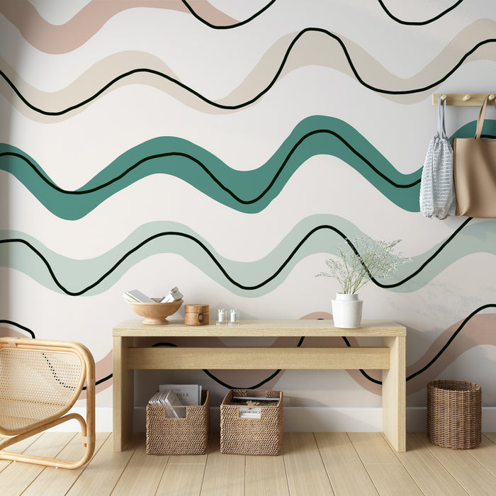 Une pièce lumineuse avec un papier peint abstrait aux vagues fluides dans des teintes douces de vert, rose et beige, créant une atmosphère apaisante et contemporaine.