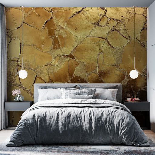 Papier peint or brillant avec texture dorée et motifs irréguliers pour chambre moderne