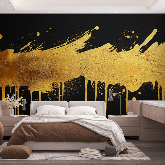 Papier peint or éclatant avec motif abstrait doré sur fond noir pour chambre moderne.