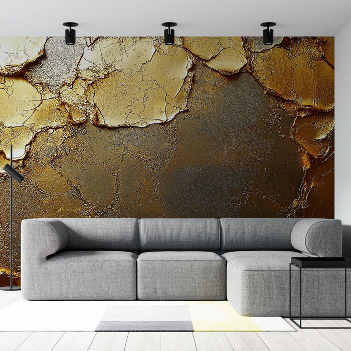 Papier peint or et argent avec motif éclaté et textures métalliques pour salon moderne.