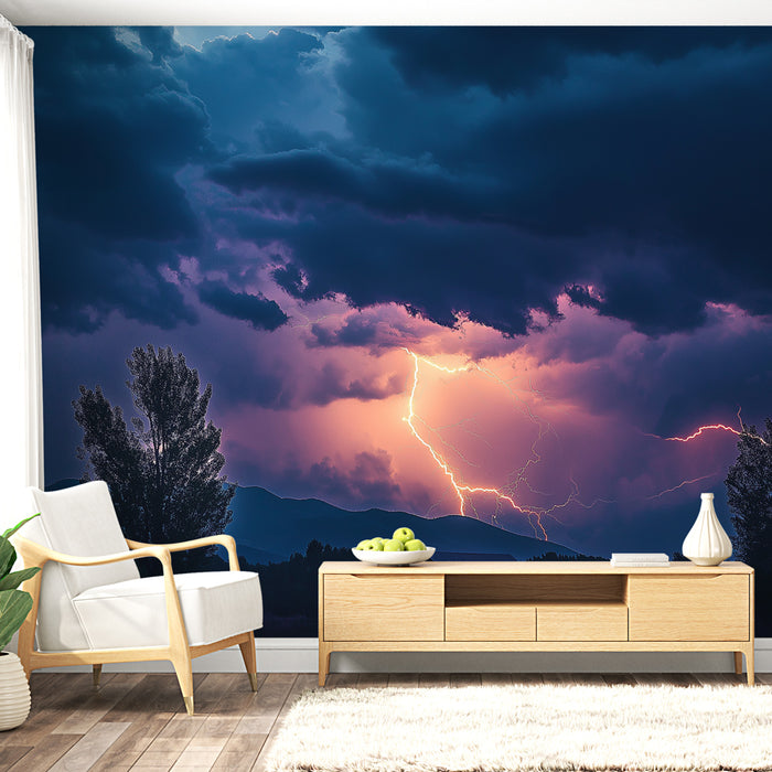 Papier peint orage | Éclairs majestueux sous un ciel orageux