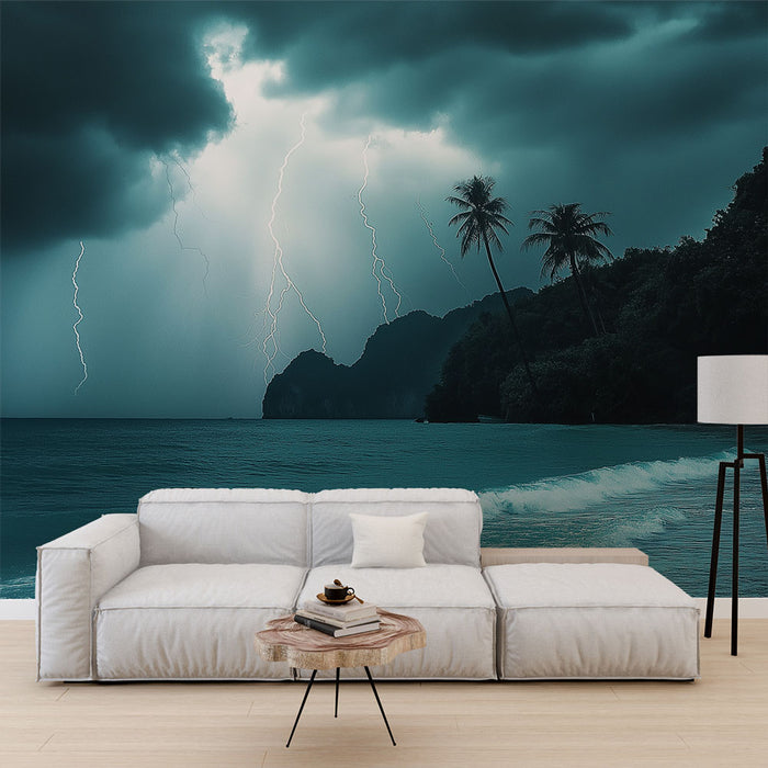 Papier peint orage marin | Une scène de tempête majestueuse sur le bord de mer
