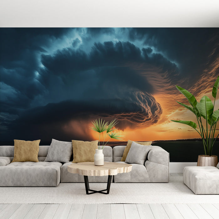 Papier peint orage | Nuages sombres et reflets lumineux au coucher de soleil