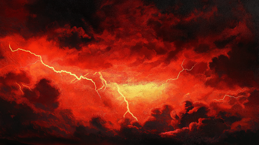 Papier peint orageux Ciel enflammé avec éclairs dorés