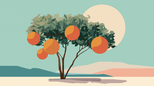 Papier peint orange Arbre à oranges avec un design minimaliste et d'apaisantes couleurs pastel