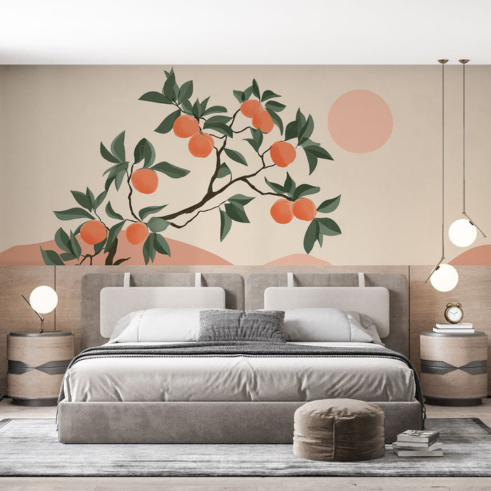 Une chambre moderne avec un papier peint illustrant une branche d'orange sur fond beige, dégageant une atmosphère chaleureuse et estivale.