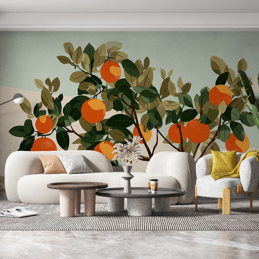 Un salon moderne avec un papier peint illustrant des agrumes colorés sur fond pastel, créant une ambiance fraîche et vivifiante.