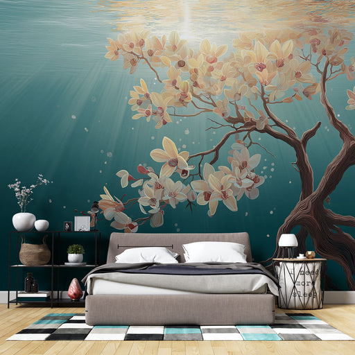 Une chambre apaisante avec un papier peint aquatique représentant un arbre fleuri aux teintes douces sur fond turquoise, évoquant une atmosphère sereine et naturelle.
